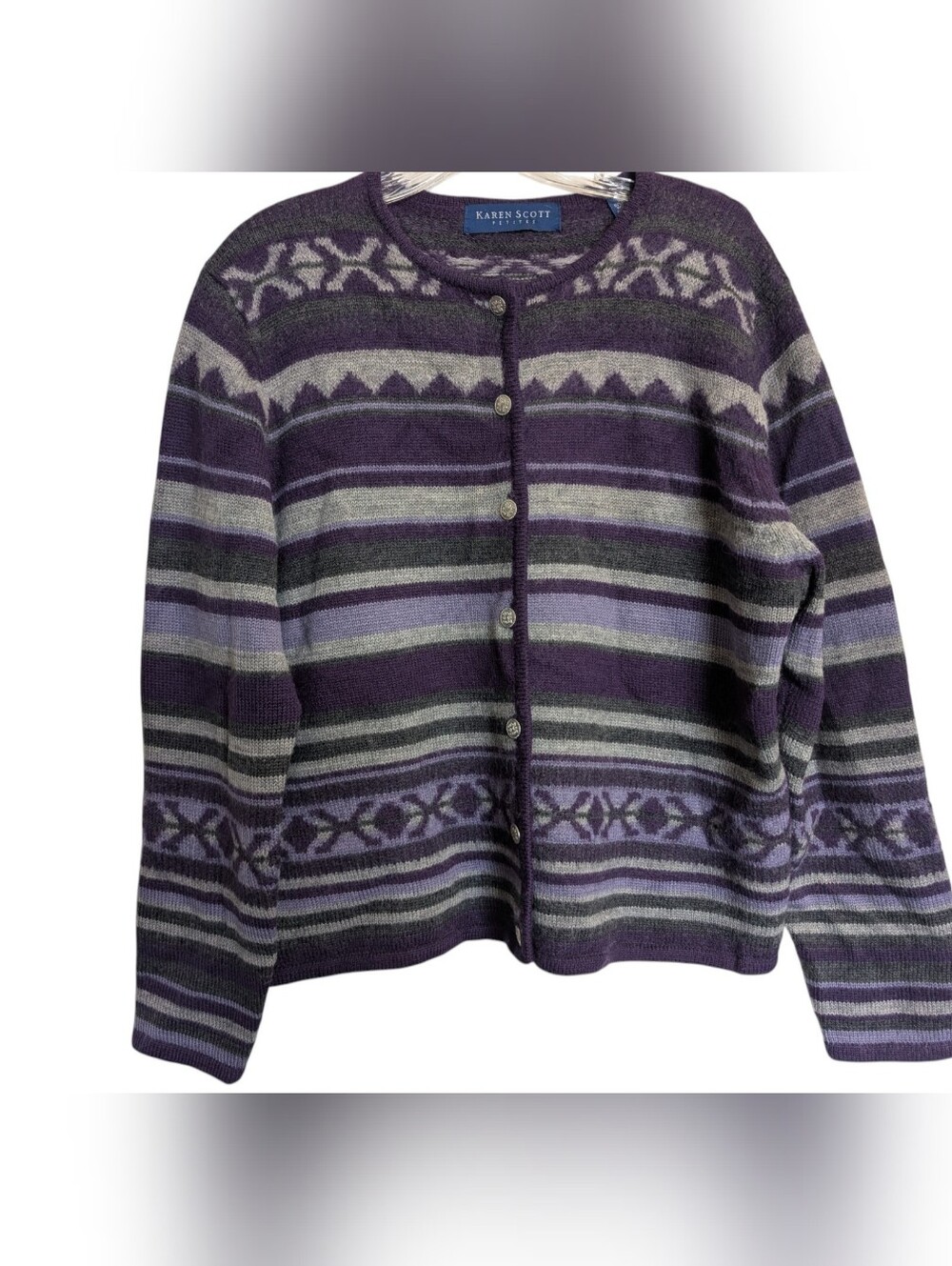 Vtg Karen Scott Women's Wool Fair Isle Knit Cardigan Sweater Size PL Purple